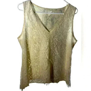 Adiva Sz L Cream Sleeveless V-Neck Lace-Over Tank